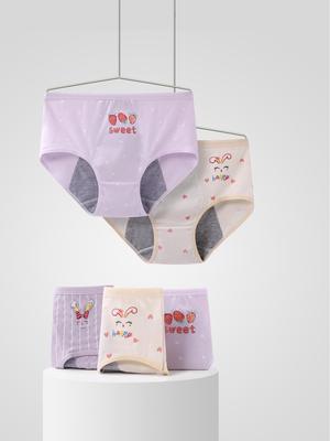 Girls' Leak-Proof Cotton Period Briefs - Breathable Menstrual Underwear for Students