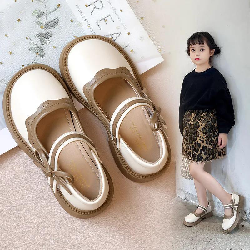 Autumn New Girl Leather Shoes Bowtie Black Beige School Causal Children Flat Elegant Round Toe Fashion Patchwork Kids Mary Janes