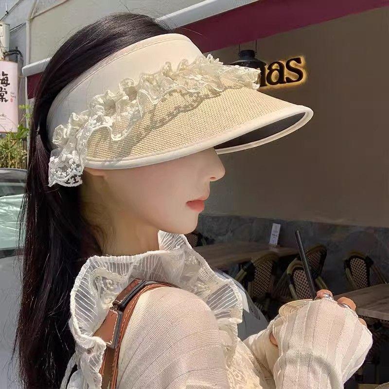 Lace Hollow Top Sun Hat, Female Summer New Outdoor Large Brim Sun Hat, Anti-ultraviolet Sun Hat