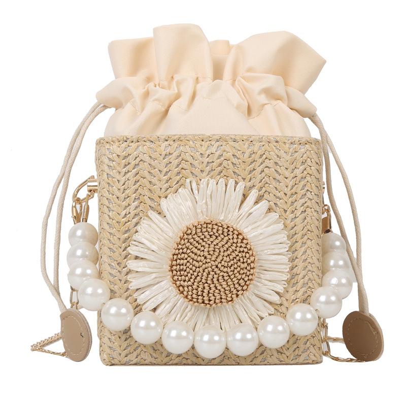 

Internet celebrity straw pearl chain shoulder messenger bag popular small bag handbag women 2025 new beach bucket bag хаки