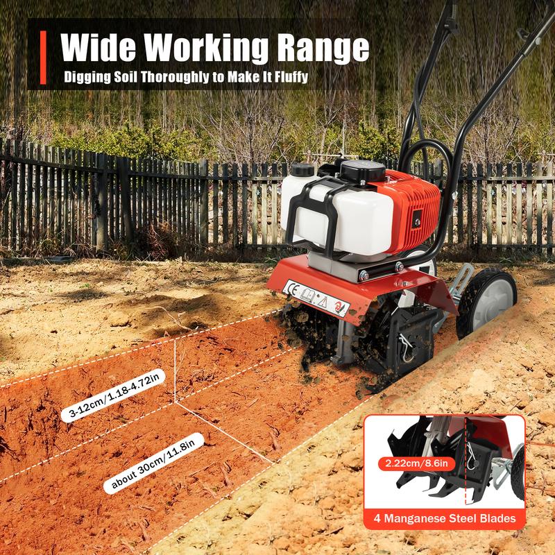 52cc 2-Stroke Gas Tiller, 1900W Cultivator w/ 4 Steel Blades, Handheld Pull-Start Tiller for Garden, Farm, Greenhouse Tilling