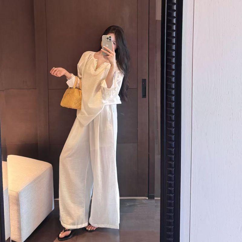 Kumikumi Design Sense Black Pleat Thin Long Sleeve Shirts Women Autumn Slimming Casual Pants Trousers Two-piece Set