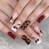 Leopard Print Cherry Blossom Water Drop Nails - Detachable, Fashionable Style, Boxed Set