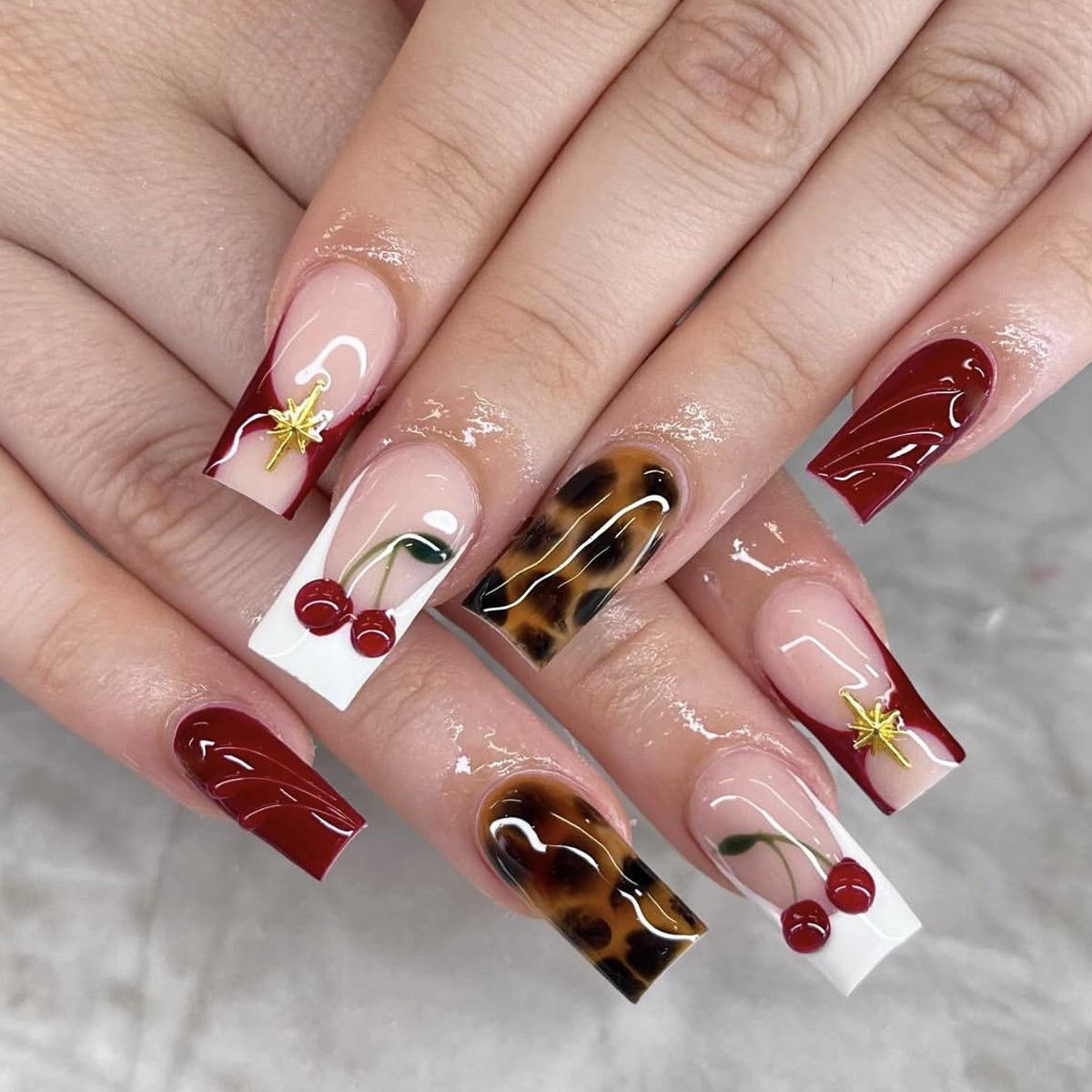 Leopard Print Cherry Blossom Water Drop Nails - Detachable, Fashionable Style, Boxed Set
