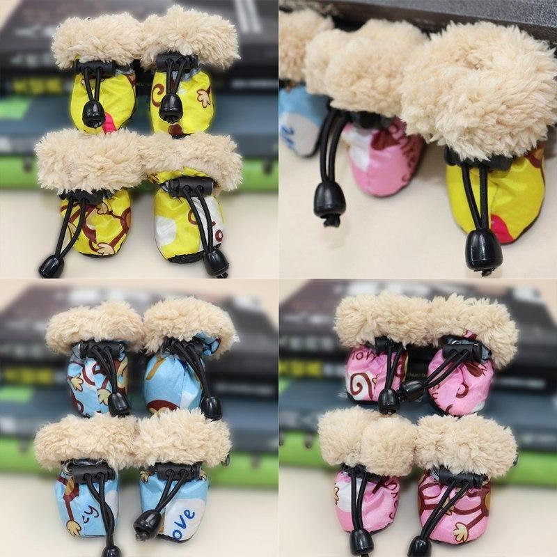 4 Pack/set Pet Winter Rain Boots Set With Fleece Liner Cartoon Waterproof Anti Slip Shoes For Dogs