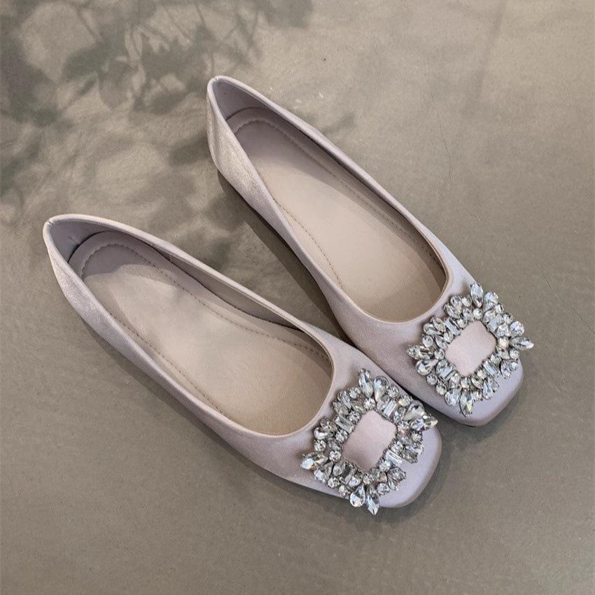 Gentle Single Shoes New Temperament Square Buckle Rhinestone Shallow Mouth Flat Bottom Commuter Floating Shoes