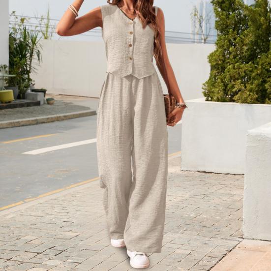 Women's Summer Two Piece Outfit Sleeveless V Neck Button Down Vest High