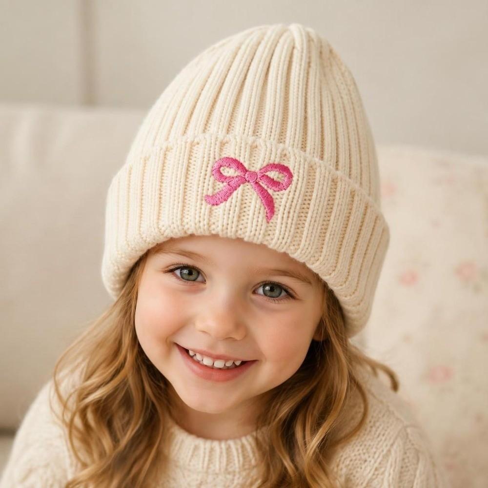Embroidery Bow Knitted Beanie Cap Cold Proof Kids Knitted Hat cute Baby Knit Hat  Girls