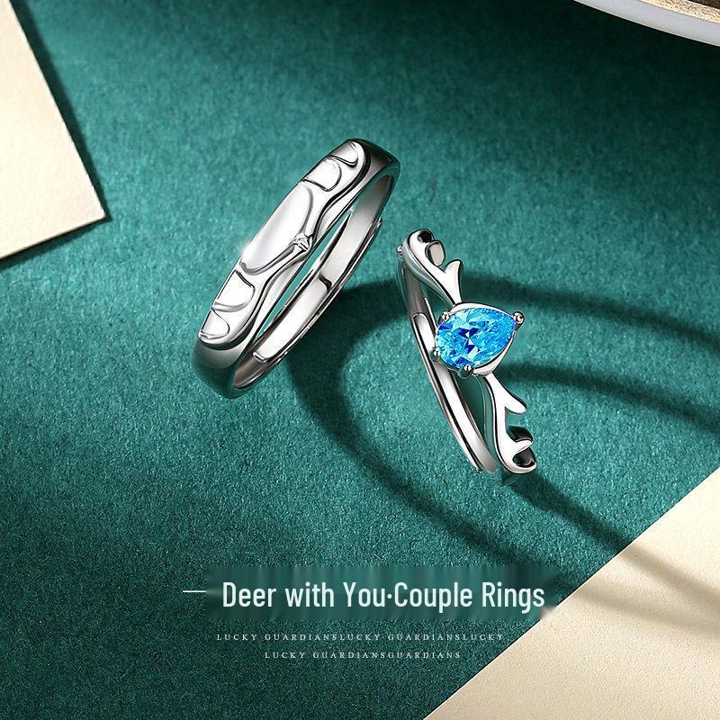 Antler Couple Rings - Trendy, Adjustable Student Gift with Diamond Accent for Christmas