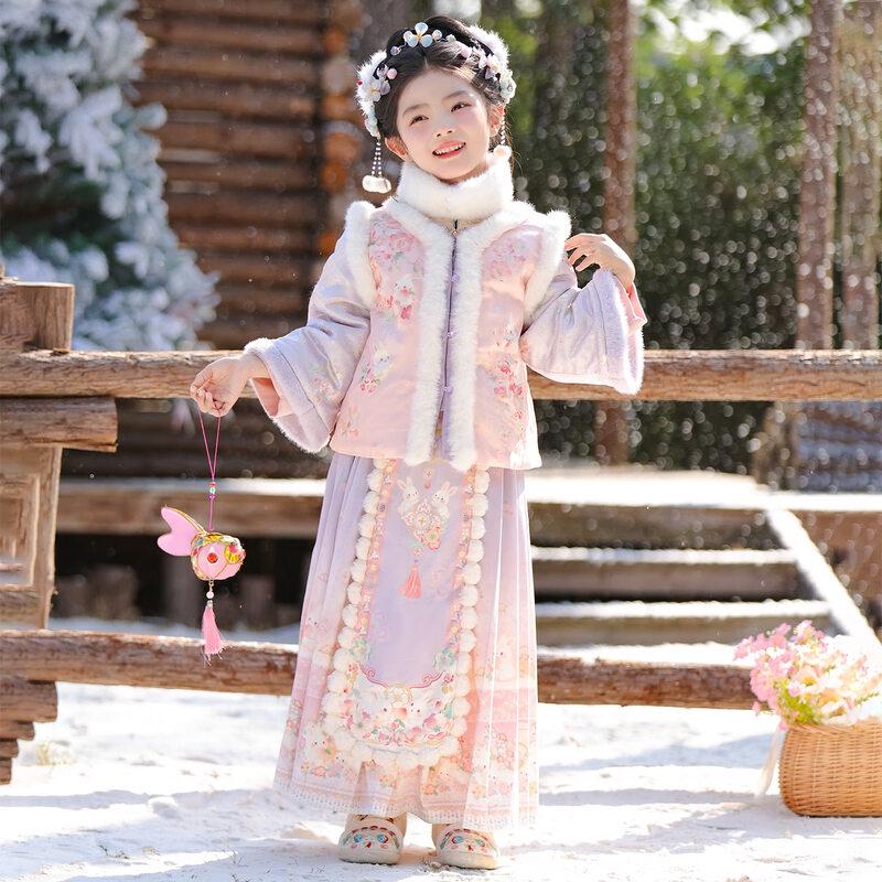 Annie Youer Girls' Winter Hanfu Tang Suit Dress Set
