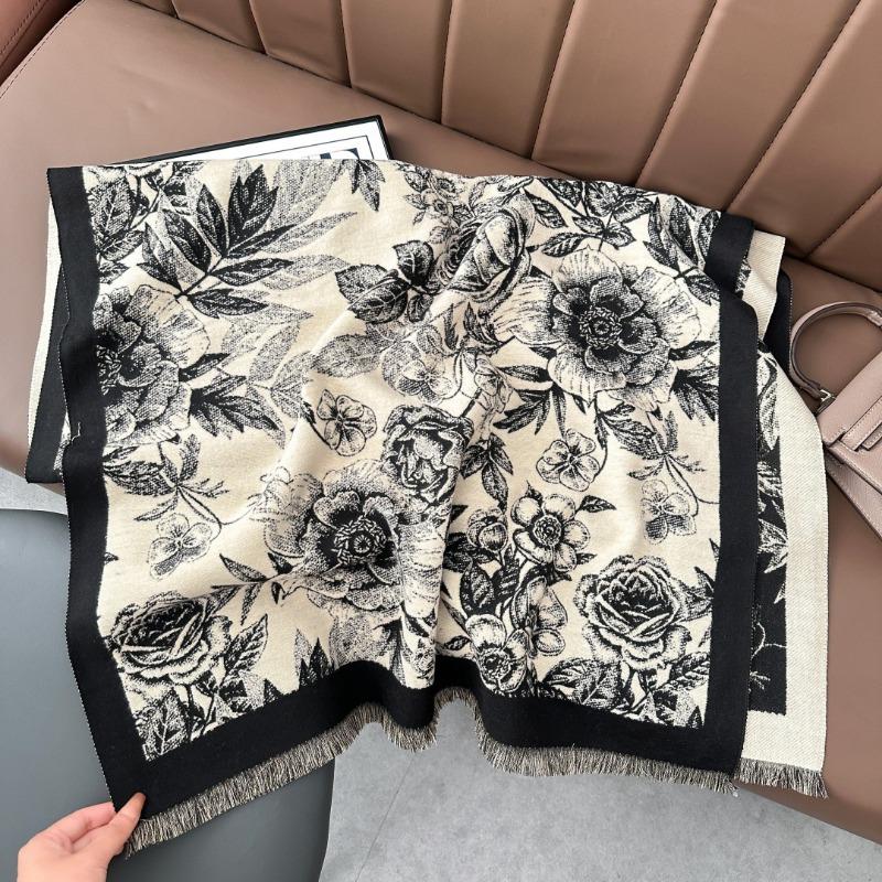 

New flower imitation cashmere scarf women s autumn and winter high-end double-sided casual elegant shawl thickened warm scarf 185x65cm чёрный