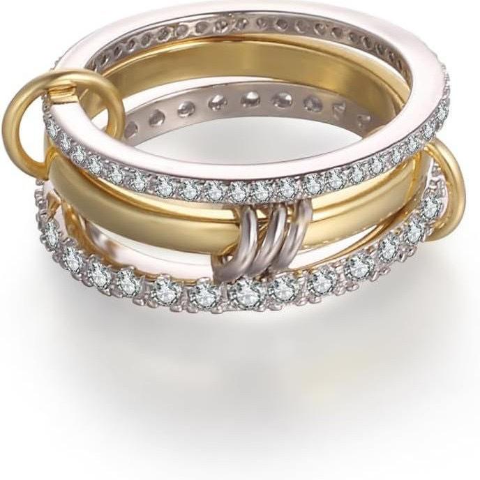 Two-Tone Stainless Steel Zircon Diamond Interlocking Ring