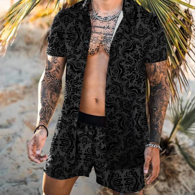 Summer Men's Fashion Leopard Print Short Sleeve Shirt And Shorts Set Beach Style T Shirt Breathable Shorts Two Piece Set