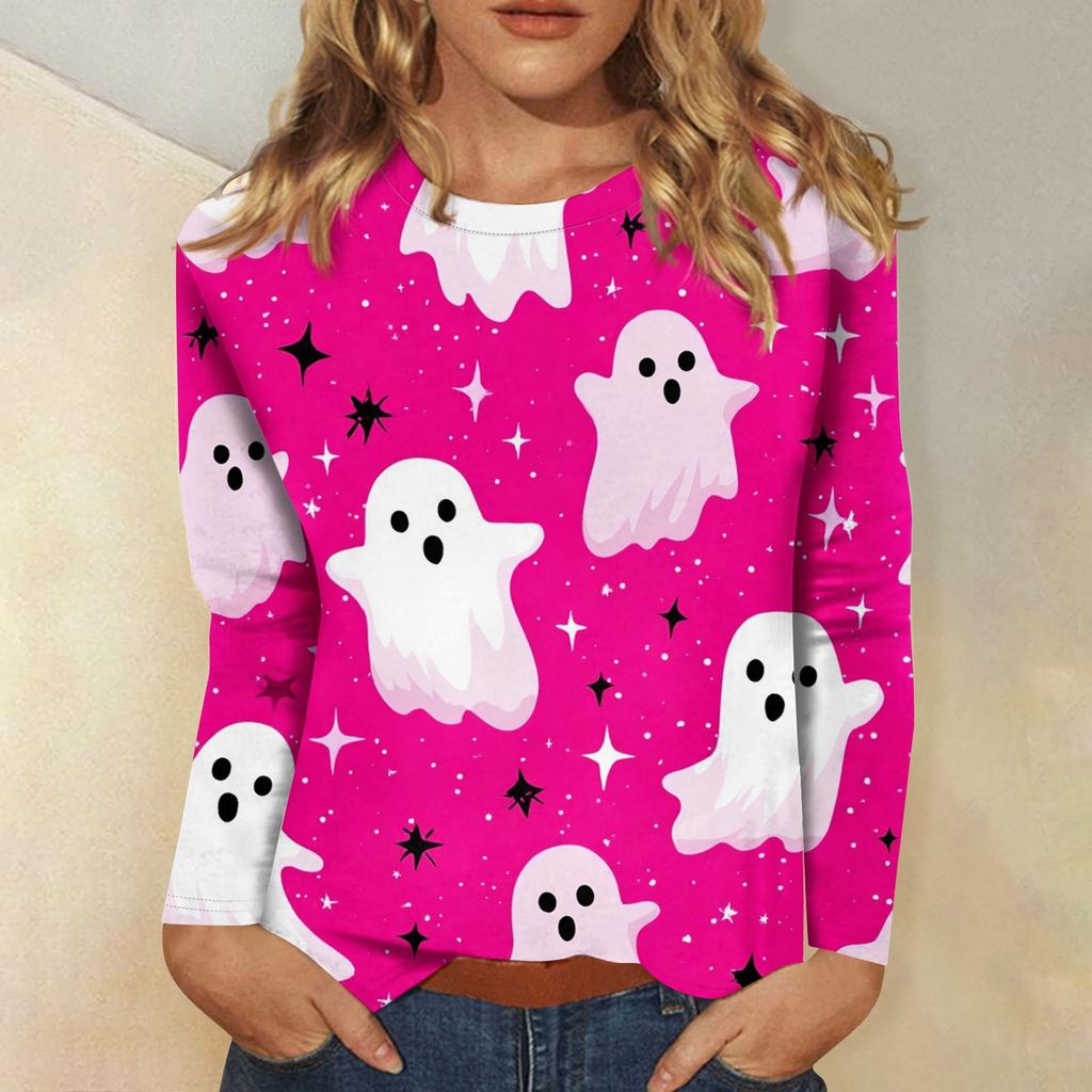 Women's Long-sleeved Loose-necked Halloween Print Casual Top, Suitable for Holiday Parties