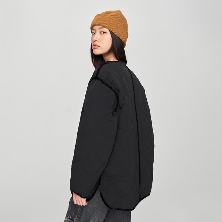 Lee Comfortable Round Neck Velvet Trim Down Jacket Women Outerwear Black LWT008952205146K11000