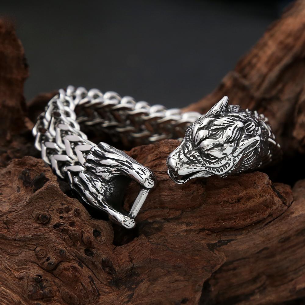 Punk Vintage Viking Wolf Head Bracelet Stainless Steel Men's Animal Wristband Charm Trendy Mesh Chain Bangles  Jewelry