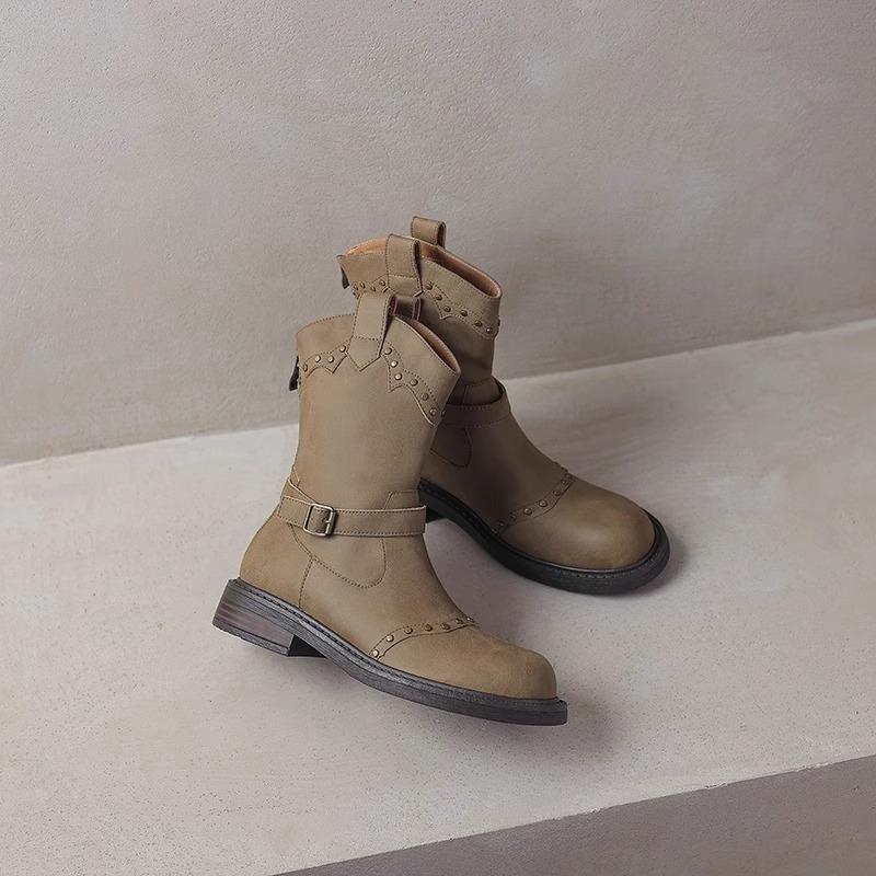 Retro Belt Buckle Flat Bottom Rivet Western Boots Knight Boots Short Boots Women's Summer New British Martin Boots Single Boots