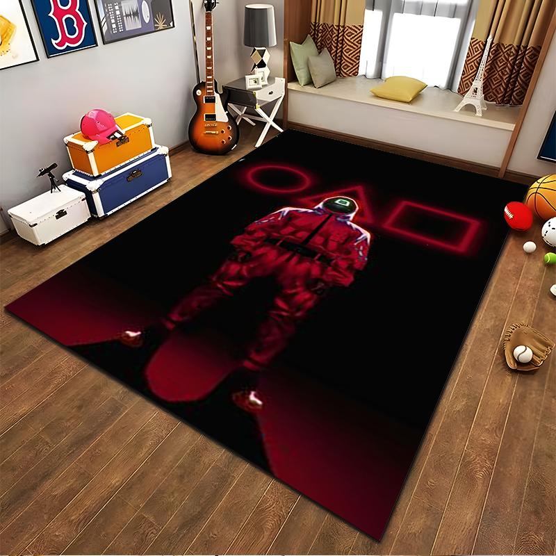 "Red Guard Illustration Carpet with Neon Shapes on Black Background" Suitable for use as an anti-slip for living room bedroom sofas