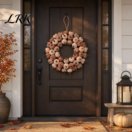 Artificial Pumpkin Vine Velvet Wreath Door Hanger, Fall Thanksgiving Garland, Rustic Fluffy Autumn Harvest Decor for Entryway Window, Farmhouse