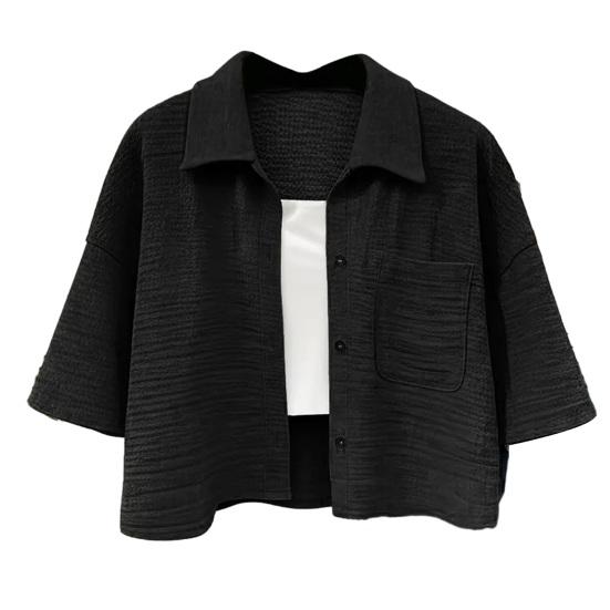 

Women Shirt Lapel Half Sleeve Single Breasted Shirt Tops Short Type Casual Shirt with Patch Pocket Daily Wear S чёрный