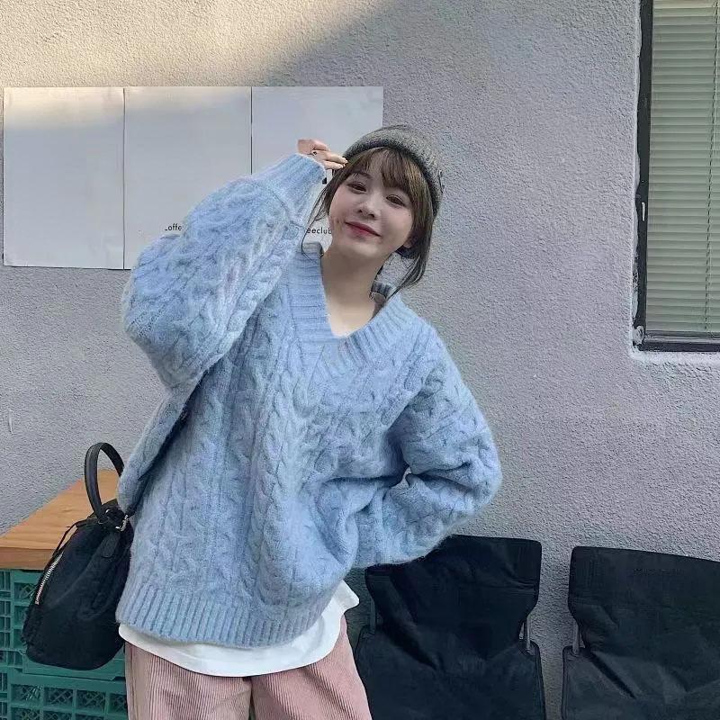 Podzim Zima Dámský svetr Harajuku oversized dlouhý rukáv s výstřihem do V pletený svetr korejský volný jednobarevný preppy svetr na všechny zápasy