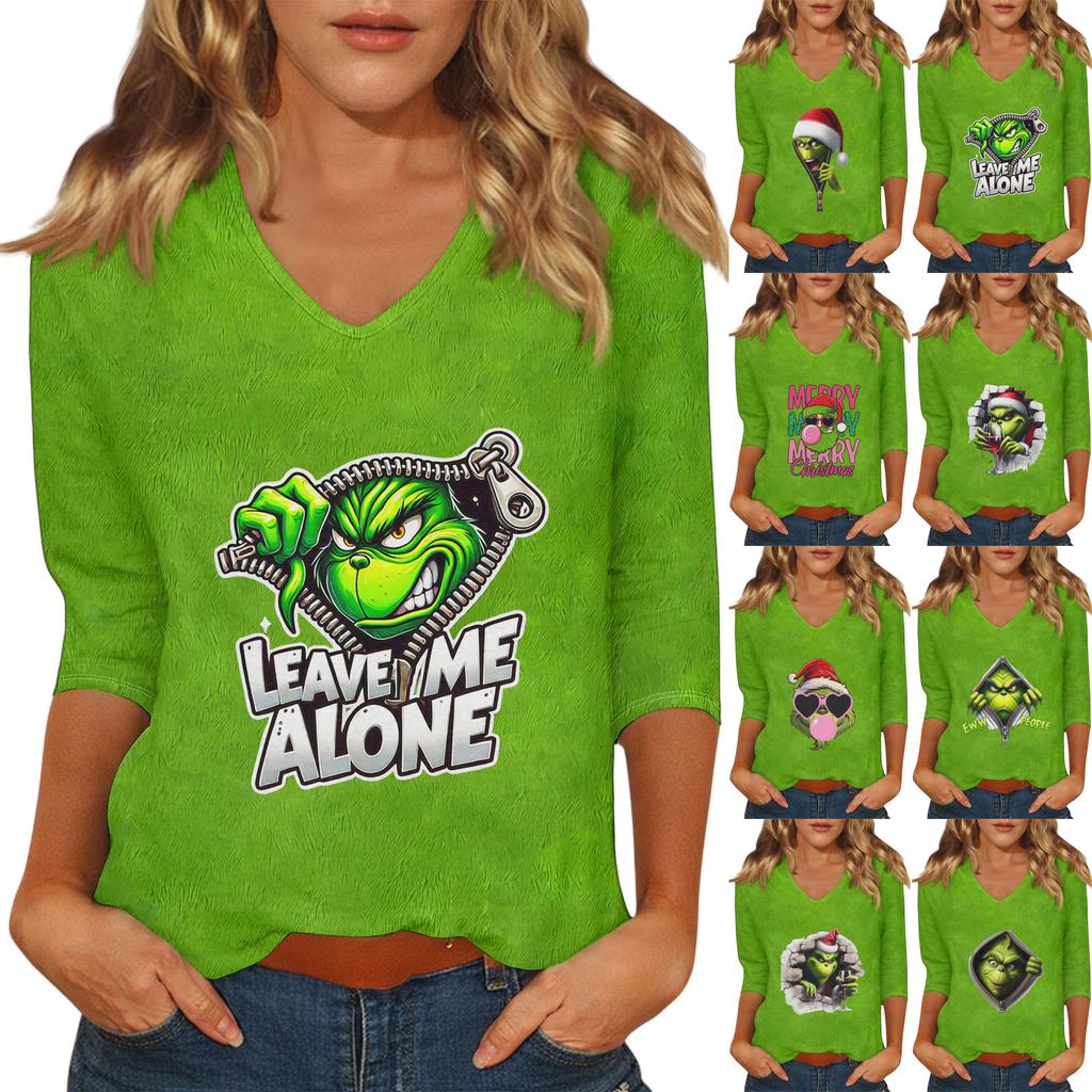Women's Casual Fashionable Sexy Comfortable V-Neck Christmas Three-Quarter Sleeve Top
