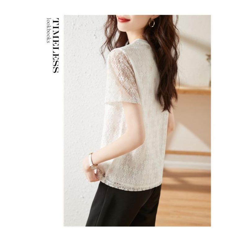 Lace Short-sleeved T-shirt Women's New Design Niche Loose Slim Chiffon Shirt White Top