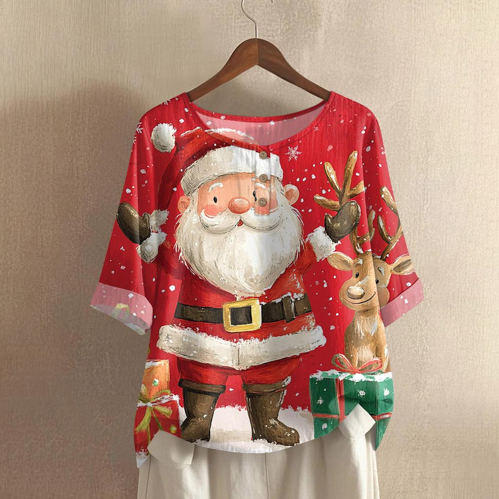 Women's Fashionable And Casual Shirt Half-sleeve Round Neck Print Cotton And Linen Blouse Top