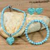 Handmade Turquoise Blue String Heart Drop Bell Pendant Necklace Beaded Bracelet Set Women Vintage Boho Jewelry