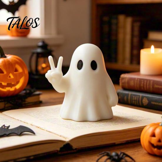 High-end Matte White Ghost Halloween Figurine with Peace Sign, Spooky Modern Table Decor Statue, Cute Tabletop Ornament for Shelf, Party Gift Durable