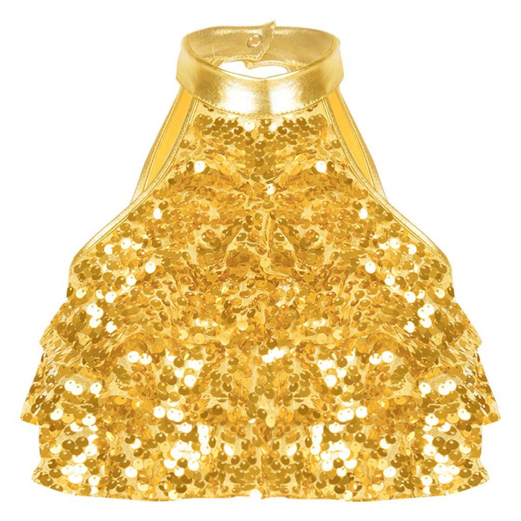Girls Sleeveless Mock Neck Shiny Sequin Tiered Backless Crop Top Dance Performance Top