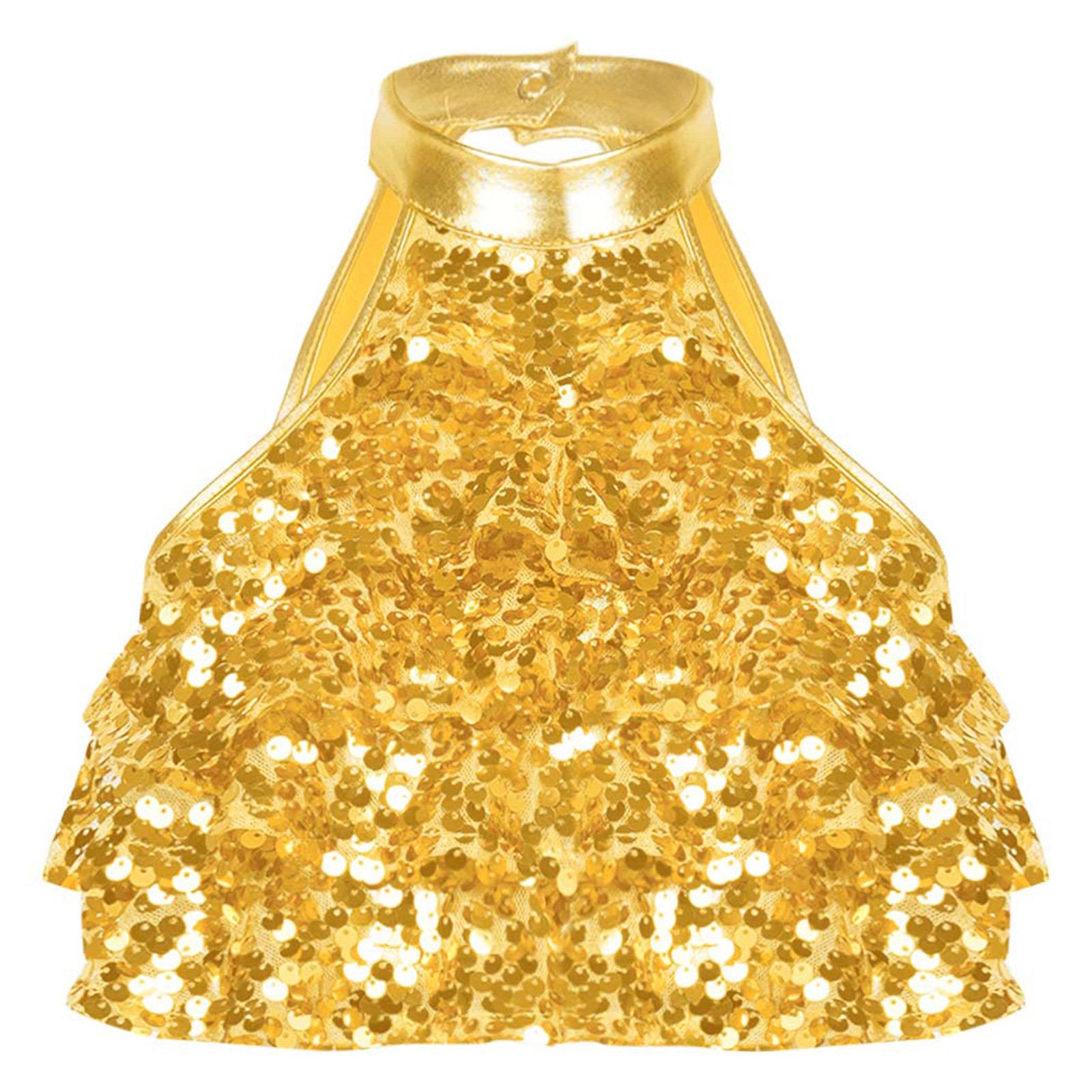 

Укороченный топ без рукавов с открытой спиной и пайетками для девочек, многоуровневый дизайн для танцевальных соревнований 3-4 Years золотой