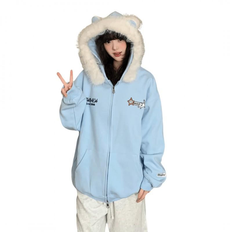 Unisex Hooded Jacket With Detachable Cat Ear Faux Fur Trim Streetwear Outerwear