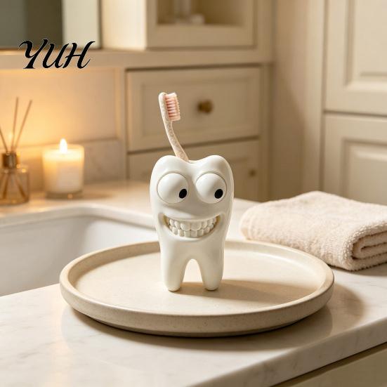 Unique Desk Accessories 3D Printed Smiling Tooth Toothbrush Holder, Funny Dental Figurine, Small Sculpture Creative Shaped Storage Stand for Bathroom