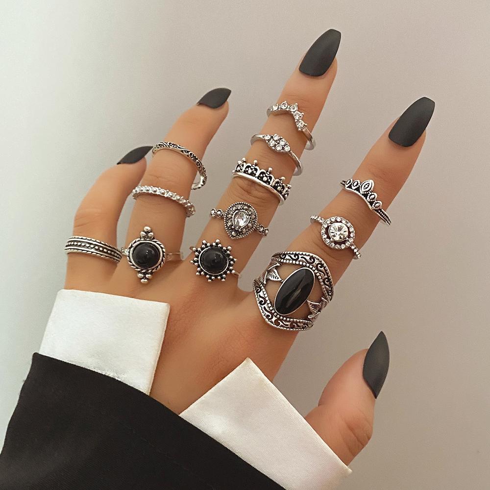 12pcs / Set Women's Crystal Ring Diamond Bohemian Punk Women's Ring Set Jewelry Ring