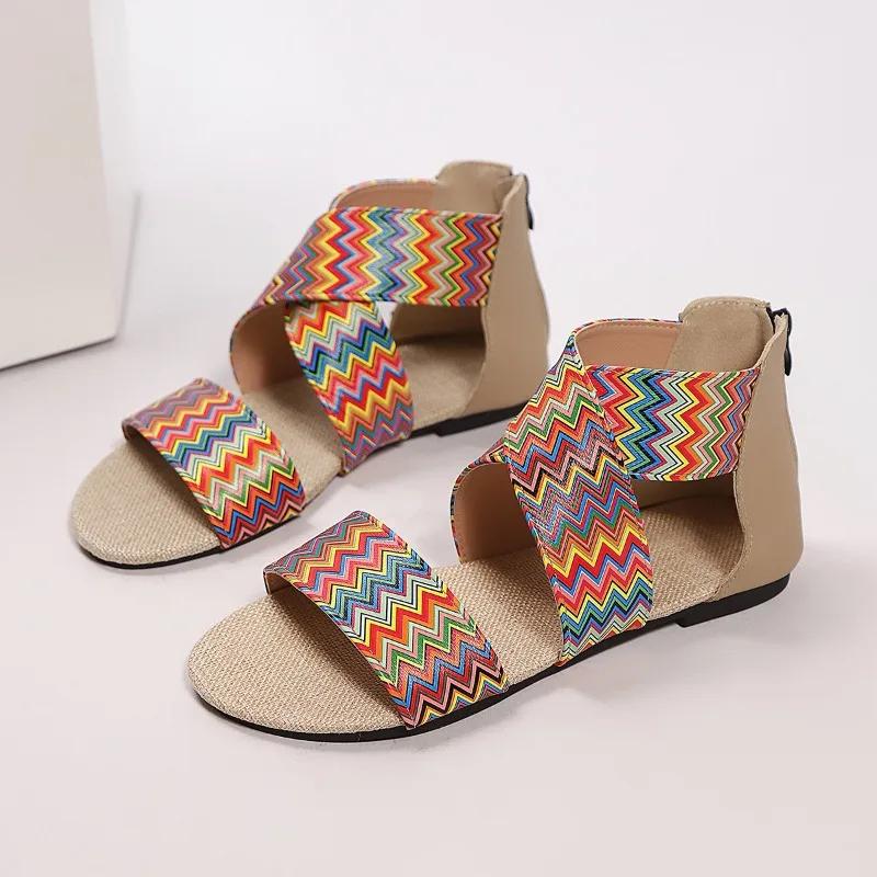 Fashion Summer Women Plus Size Ethnic Style One Word Wide Strip Multicolor Woven Strap Back Zip Anti-Slip Beach Sandals