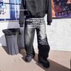Unisex Mid Waist Flare Wide Leg Pants American Vintage Hip Hop 3D Big Letter Print Non Stretch Polyester Denim Look Trousers