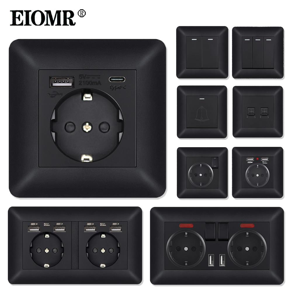 EIOMR EU Outlet with Usb Type-c Charging Port Black Curved Flame Retardant PC Panel 86mm Single Socket and 146mm Double Socket