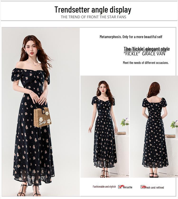 Women’s 2026 Summer Floral Midi Dress - French Waist-Cinched, Lace Trim, Square Neck