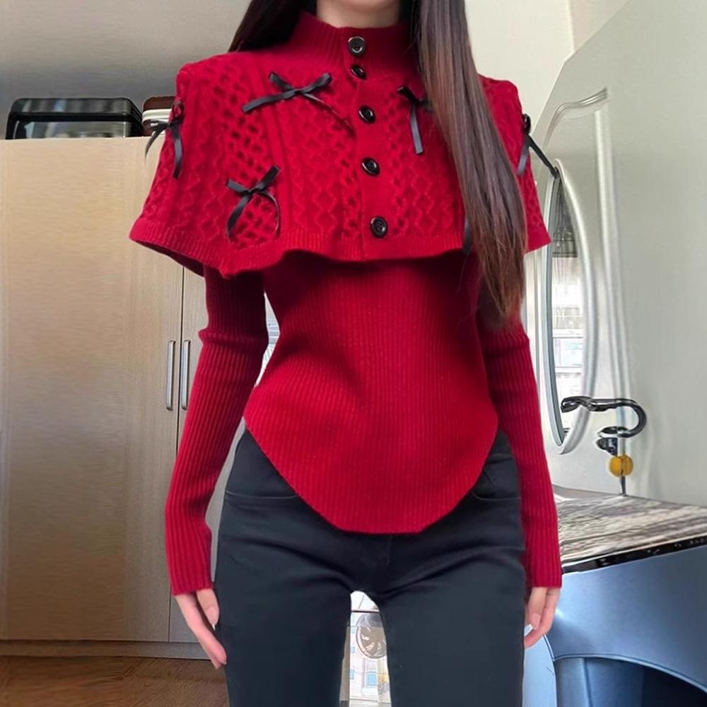 

Women s Red Knit Cape Shawl & Sweater Two-Piece Set XL