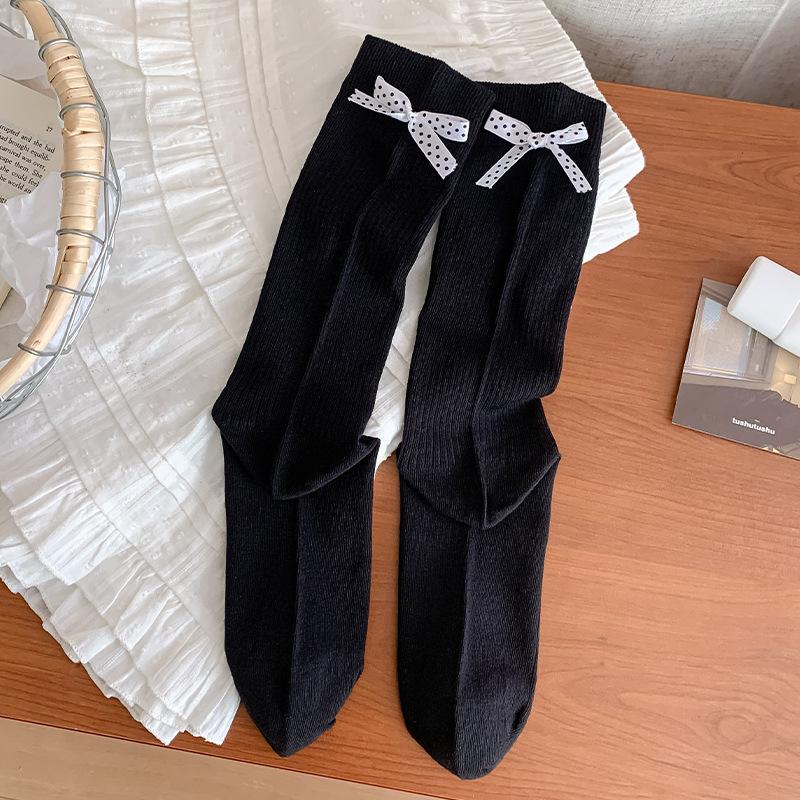 

Hehe Socks Children s Spring and Summer Basic Solid Color Cotton Socks for Ladies with Butterfly Knots and No Bone Mid-Calf Socks 1 pair чёрный