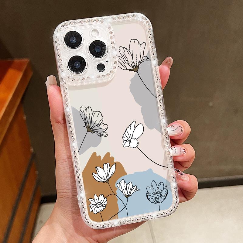 Crystal Diamond Oil Painting Flower Clear Case For iPhone 16e 16 14 15 Pro Max 13 12 Pro Max 11 Soft Silicone Phone Cover Coque