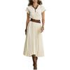 Women's Fashionable Color Round Neck Short Sleeved Pocket Pleated Loose Dress