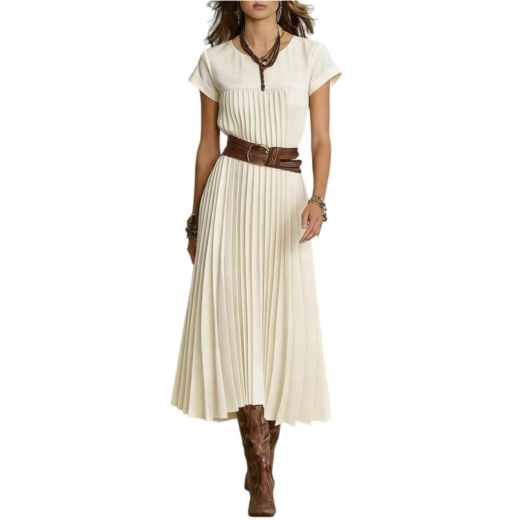 Women's Fashionable Color Round Neck Short Sleeved Pocket Pleated Loose Dress