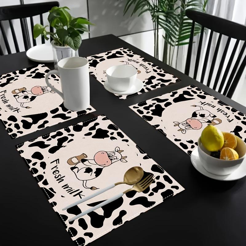 2/4pcs Nongc Cow Pattern Placemats - 12x18 Inch Rectangular Polyester Table Mats with Cute Cartoon Cow Design & "Fresh Milk" Text, Machine Washable