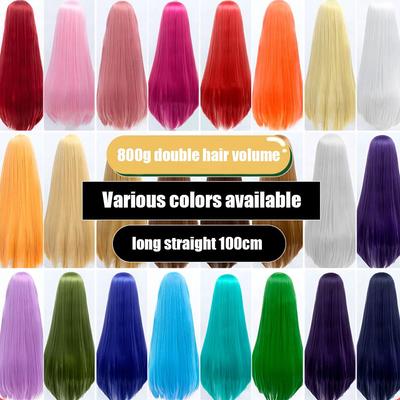 100 cm lange synthetische Cosplay-Anime-Perücke mit Pony, blond, blau, rot, rosa, lila Haar für Party