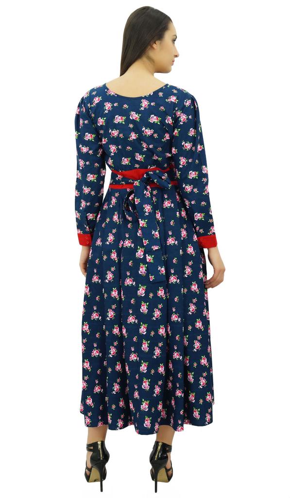 Bimba Women's Cotton Maxi Dresses Floral Print Round Neck Long Sleeve