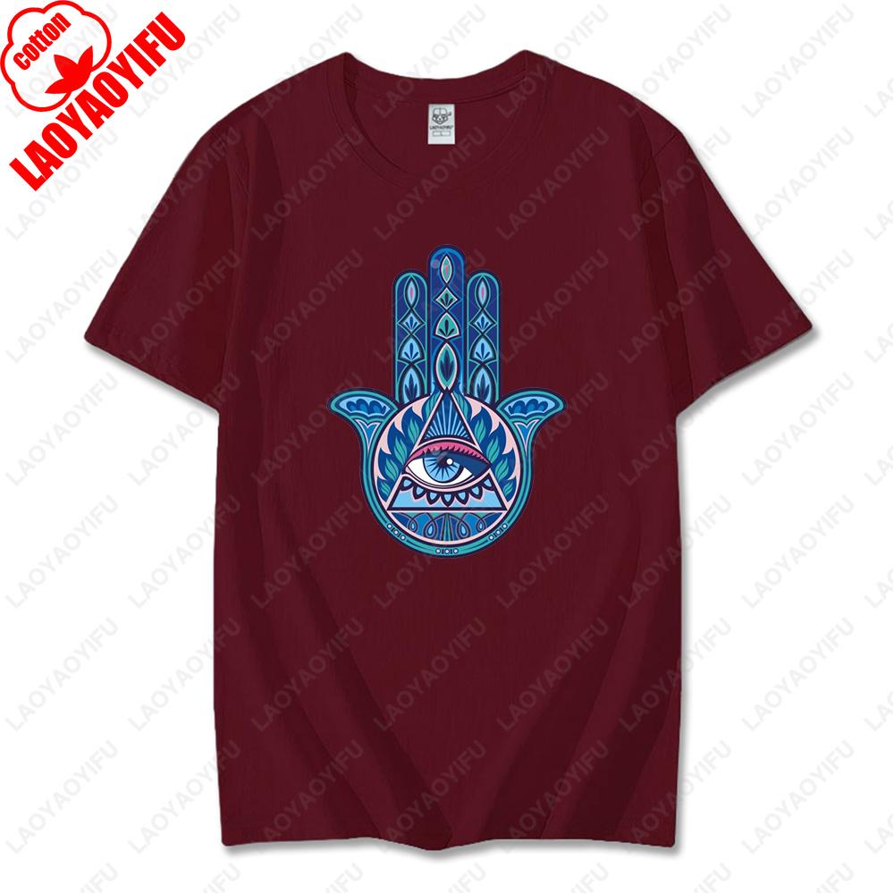 Blue Hamsa Hand Spiritual Protection Cotton Tops for Men Women Namaste Mandala Graphic Regular Short Sleeve Funny Casual Tshirt