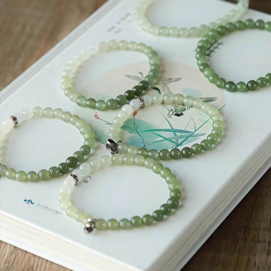 Hetian Jade Green and White Jade Gradual Change Bracelet New Chinese Literary and Retro Style Suisui Ping An Silver Blessing Bracelet