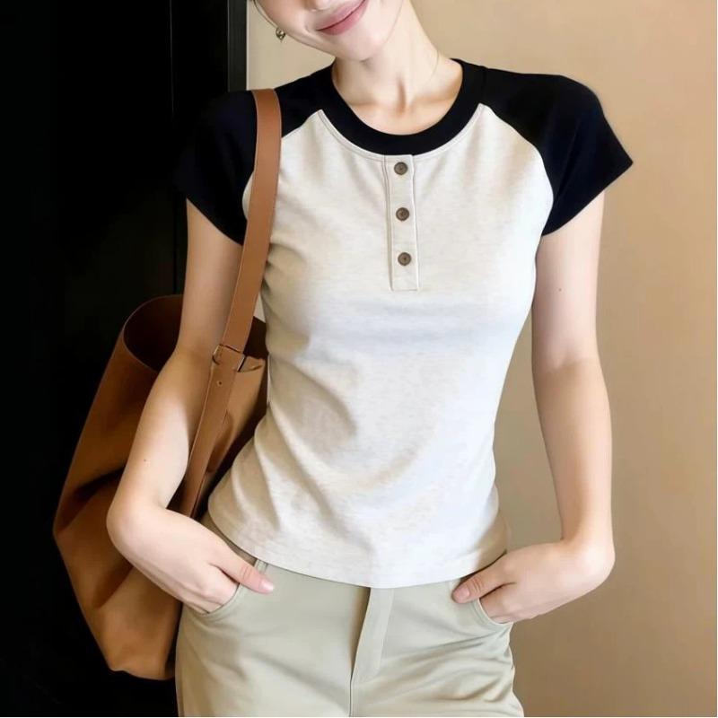 

Women Summer New Raglan Sleeve Crew Neck Color Block Slim Fit Short Sleeve Casual T Shirt S